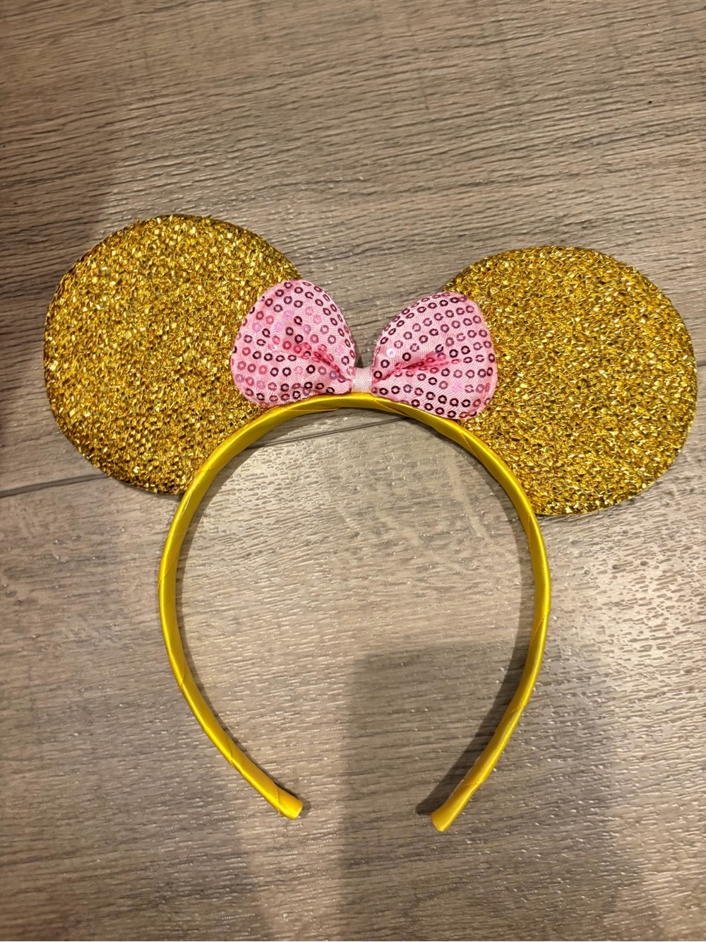 One: Gold Glitter Mouse Ear Headband with Pink Sequin Bow